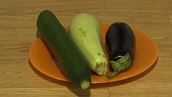 Eggplant, zucchini and cucumber stretch my roomy anal, a wide, open hole in a butt.